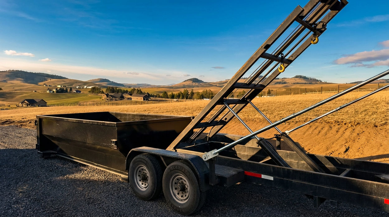 Black roll-off dumpster trailer ready for delivery to a job site
