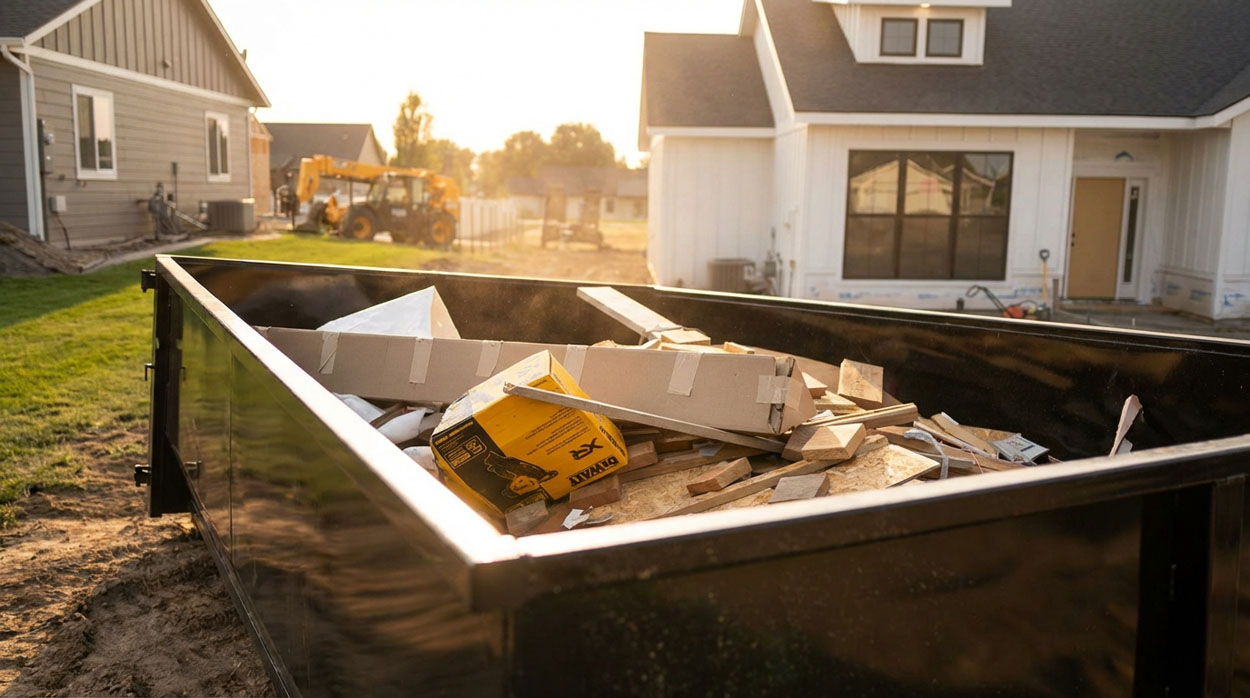 Waste dumpster at a residential construction and remodeling site